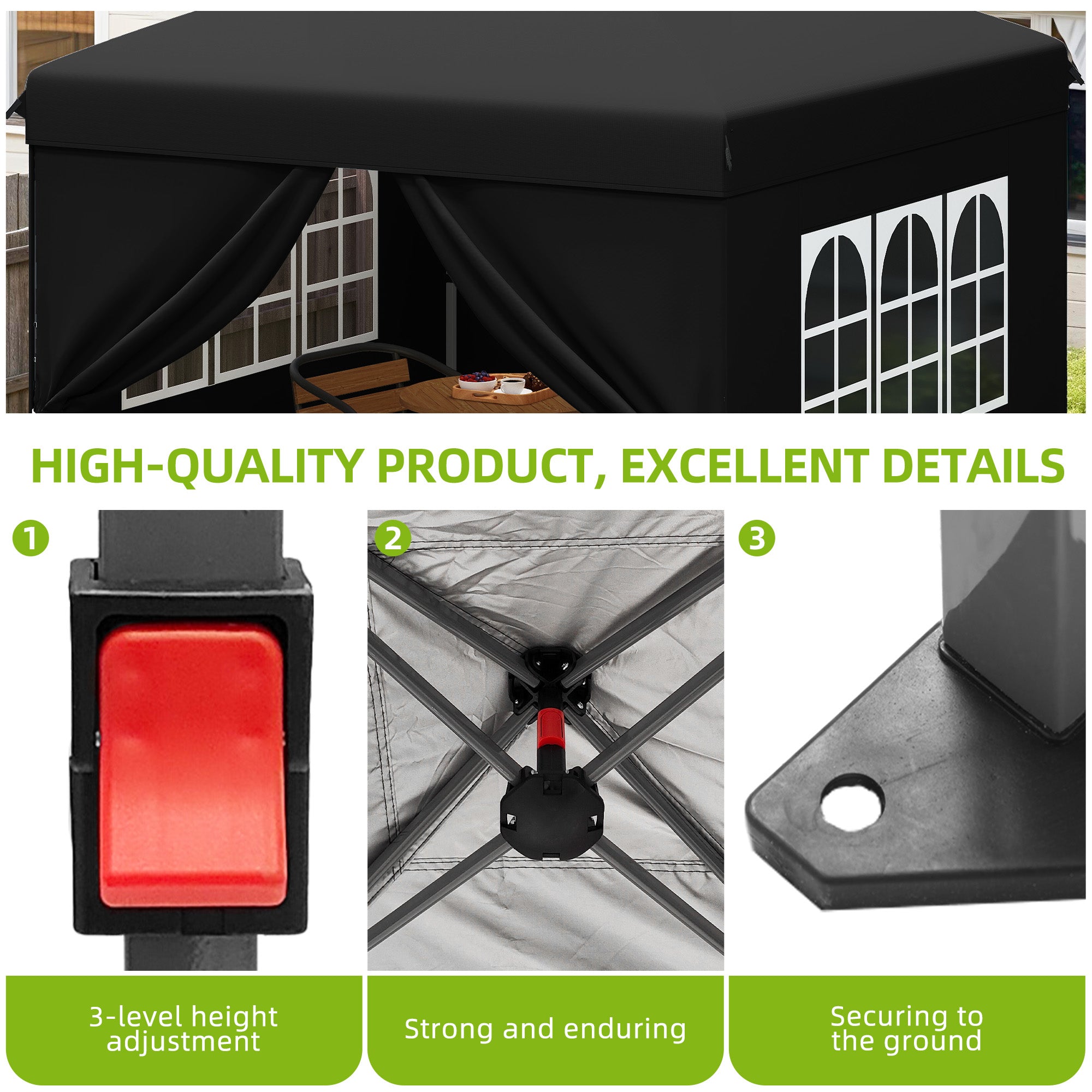 Gazebo, Garden Tent, Pavillon, 2.5×2.5m, Waterproof Folding, Canopy, Black Length 2.5 m