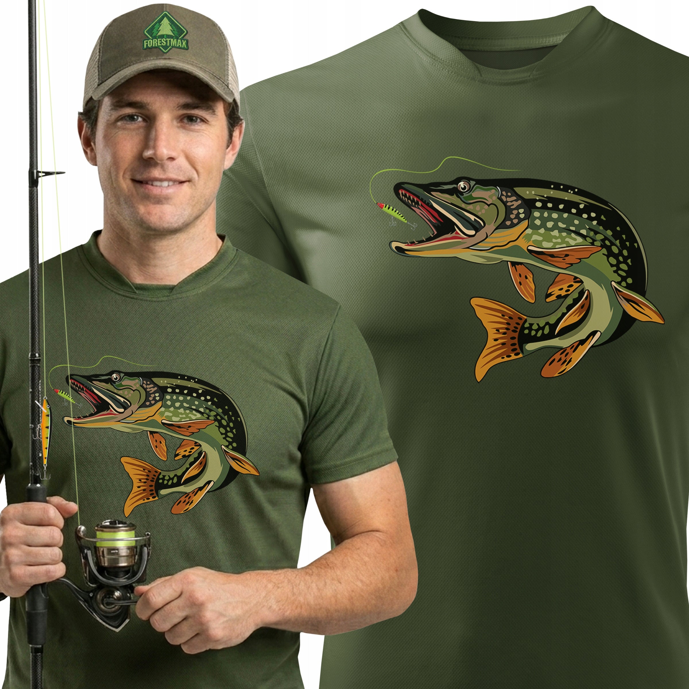 Gift for Fisherman thermoactive khaki shirt for fish print PIKE