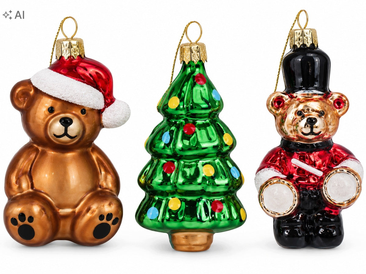Glass Bear and Christmas Tree Baubles – Set of 3 Christmas Decorations