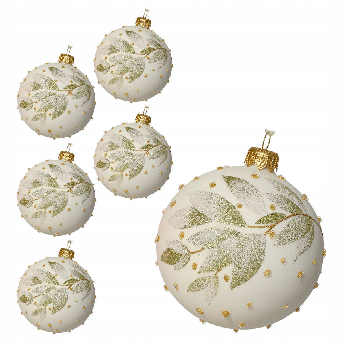 Glass Christmas balls 8 cm white matt with twig set of 6
