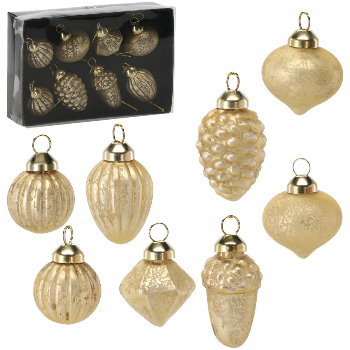 Glass Christmas balls small about 4 cm gold matte shapes 8 pcs