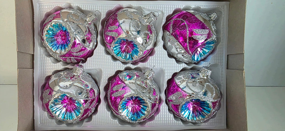Glass Christmas tree baubles spotlights rose silver prl vintage detail