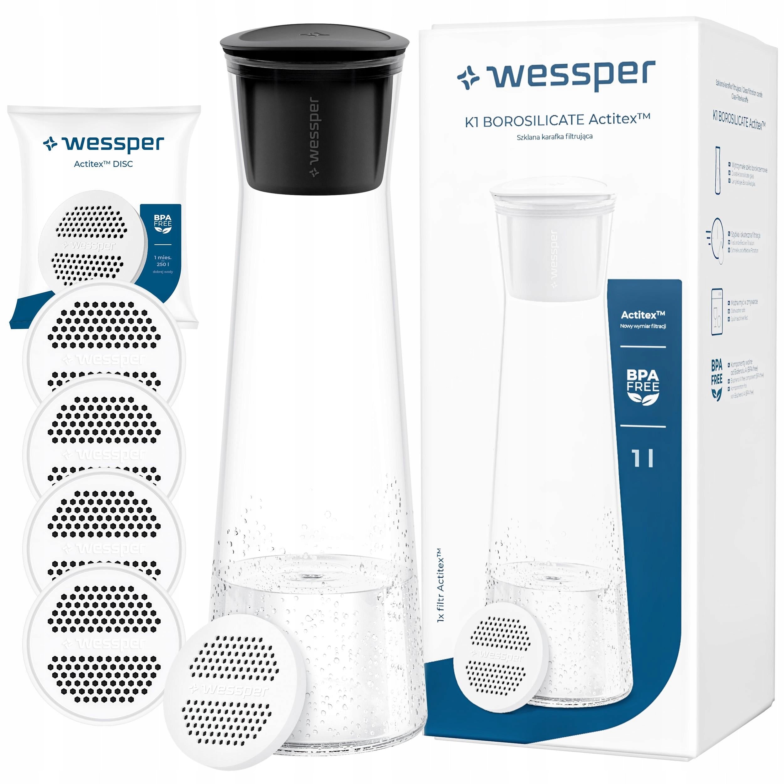 Glass Decanter for Beverages with 5 Filters for Water WESSPER K1 BOROSILICATE 1L