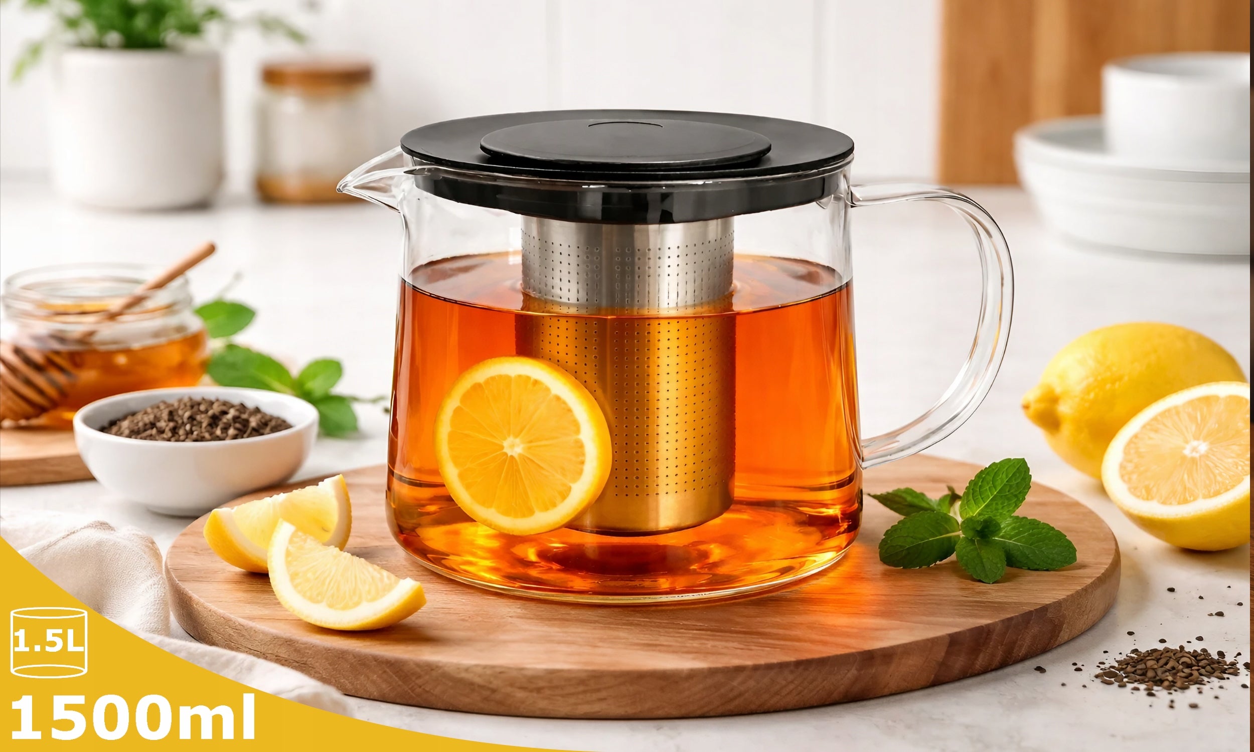 Glass Tea POT Glass Infuser 1500ML HEAT RESISTANT KETTLE Packaging status original