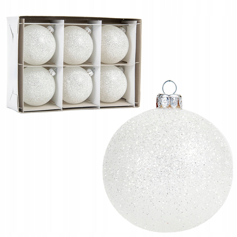 Glass White Glitter Christmas Tree Baubles 8 cm 6 pcs. made in Poland