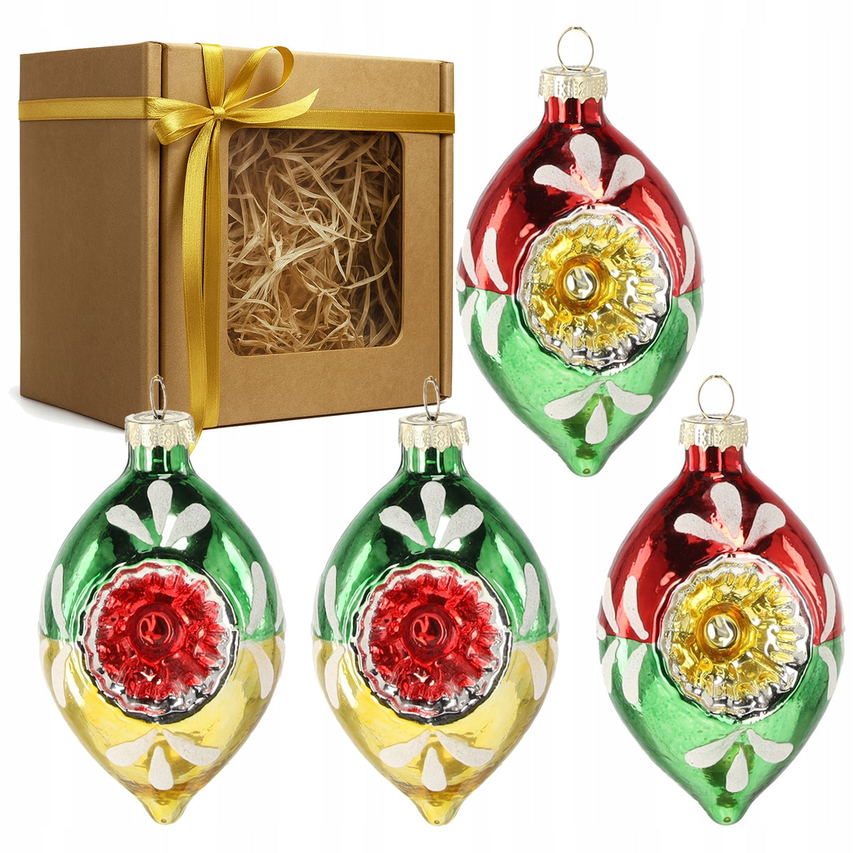 Glass baubles PRL old with reflector 9 cm 4 pcs. mix color