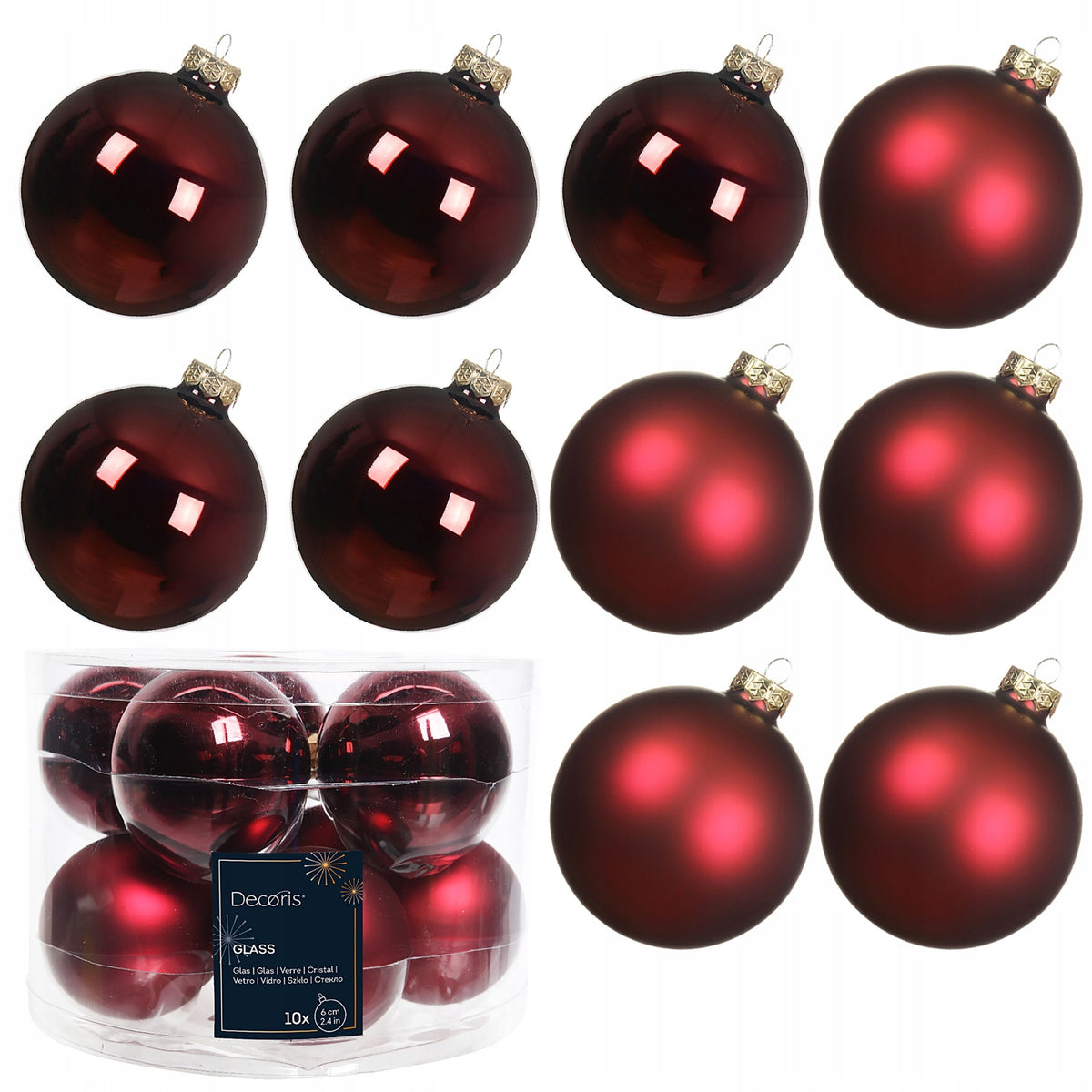 Glass baubles burgundy 6 cm gloss mat Christmas tree ornament set 10 pcs