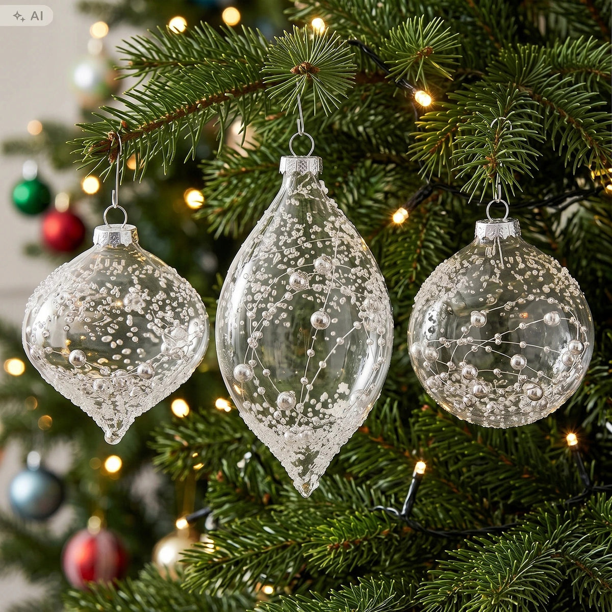 Glass baubles transparent silver beads 8 cm 12 pcs for Christmas tree Brand Chomik Gdów