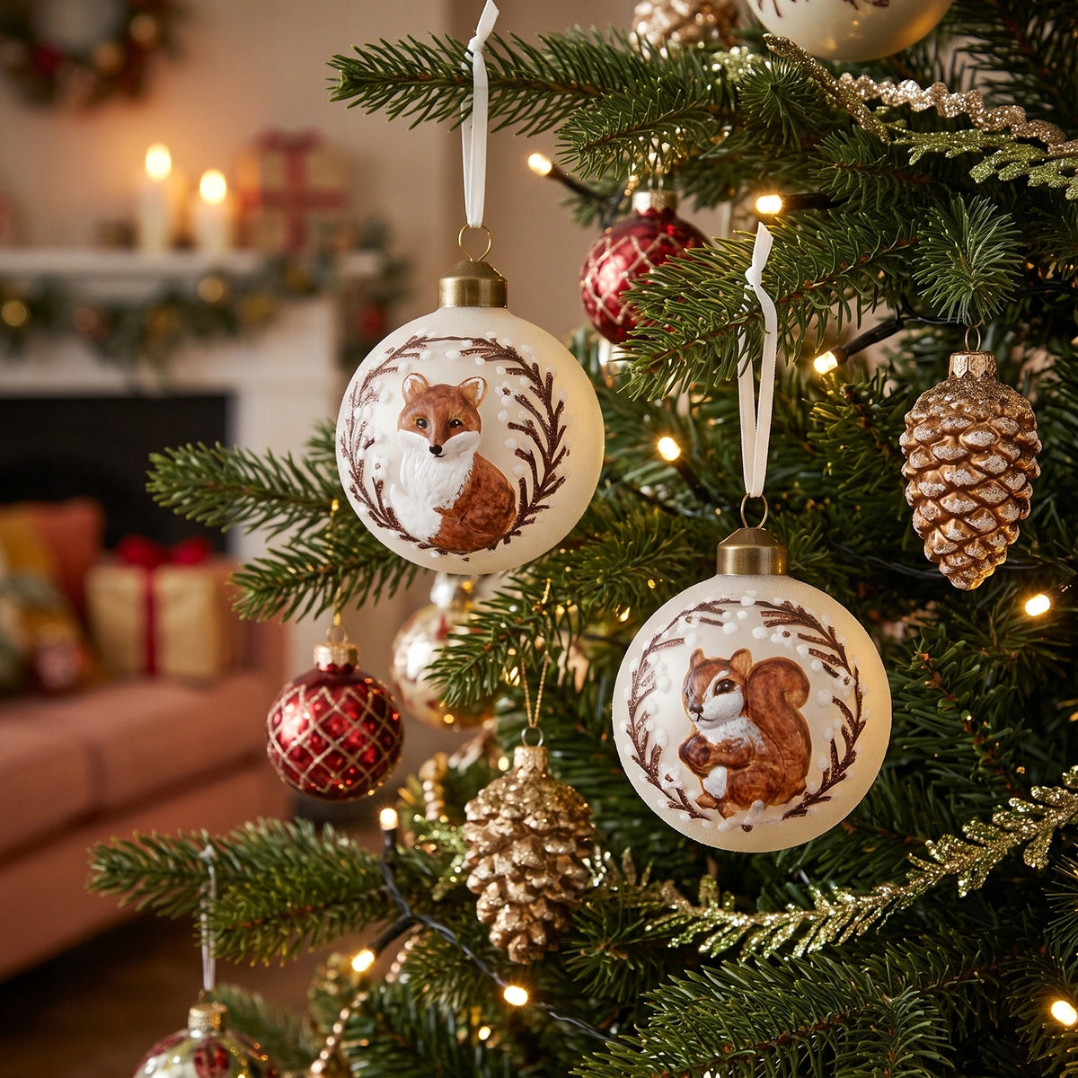 Glass baubles white 8 cm 6 pcs. fox squirrel Christmas tree ornaments Brand Kaemingk