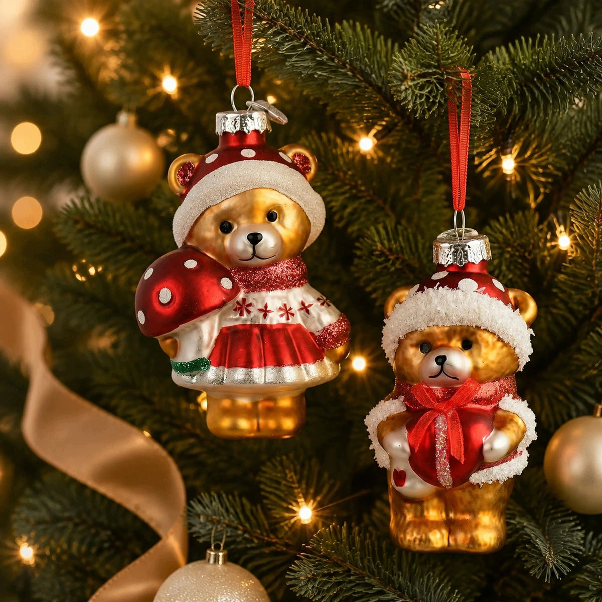 Glass bears 9,3 cm 2 pcs Christmas tree pendants mix patterns Christmas tree ornaments Packaging status original