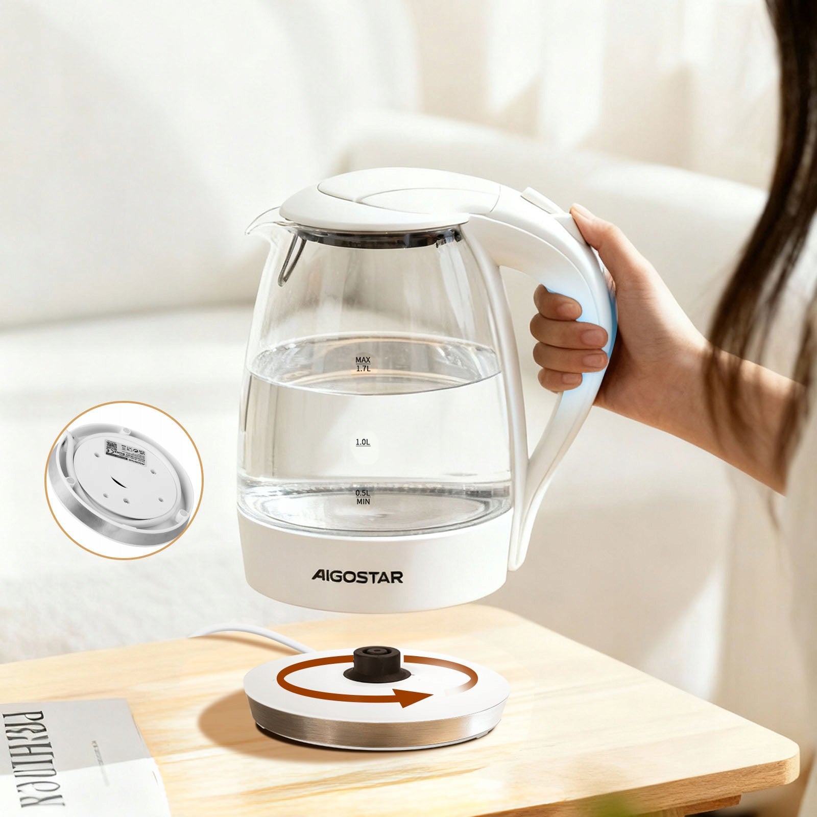 Glass electric kettle 1,7 l 2200W with LED backlight Aigostar white Brand Aigostar