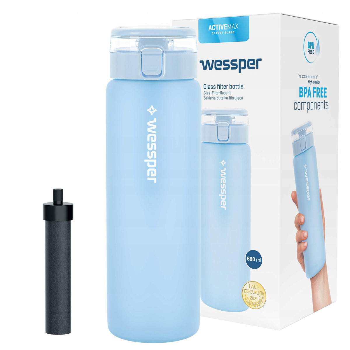 Glass filter bottle Wessper ActiveMax 0,68l blue + 1x CARTRIDGE