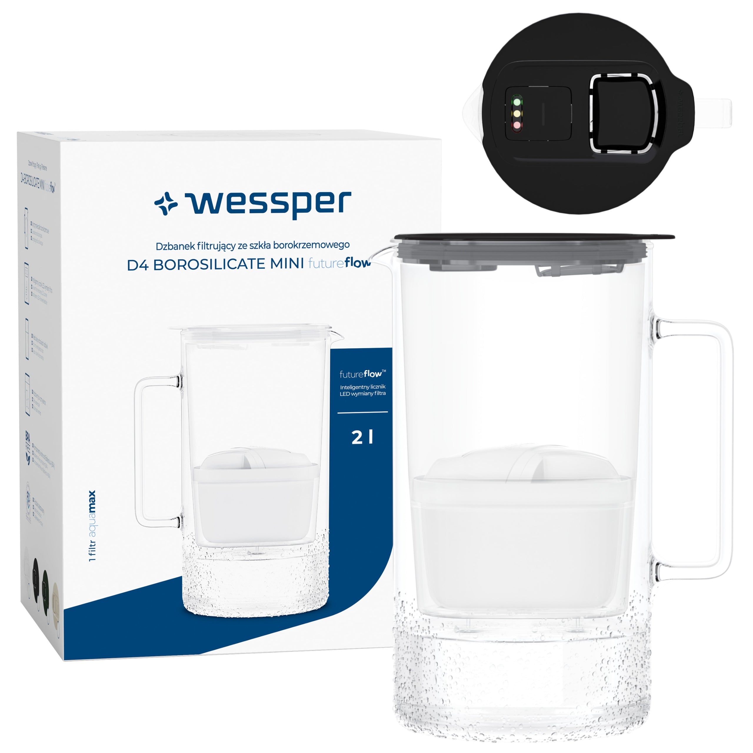 Glass filter jug 2L Wessper WES208-FF-BK MINI + filter indicator