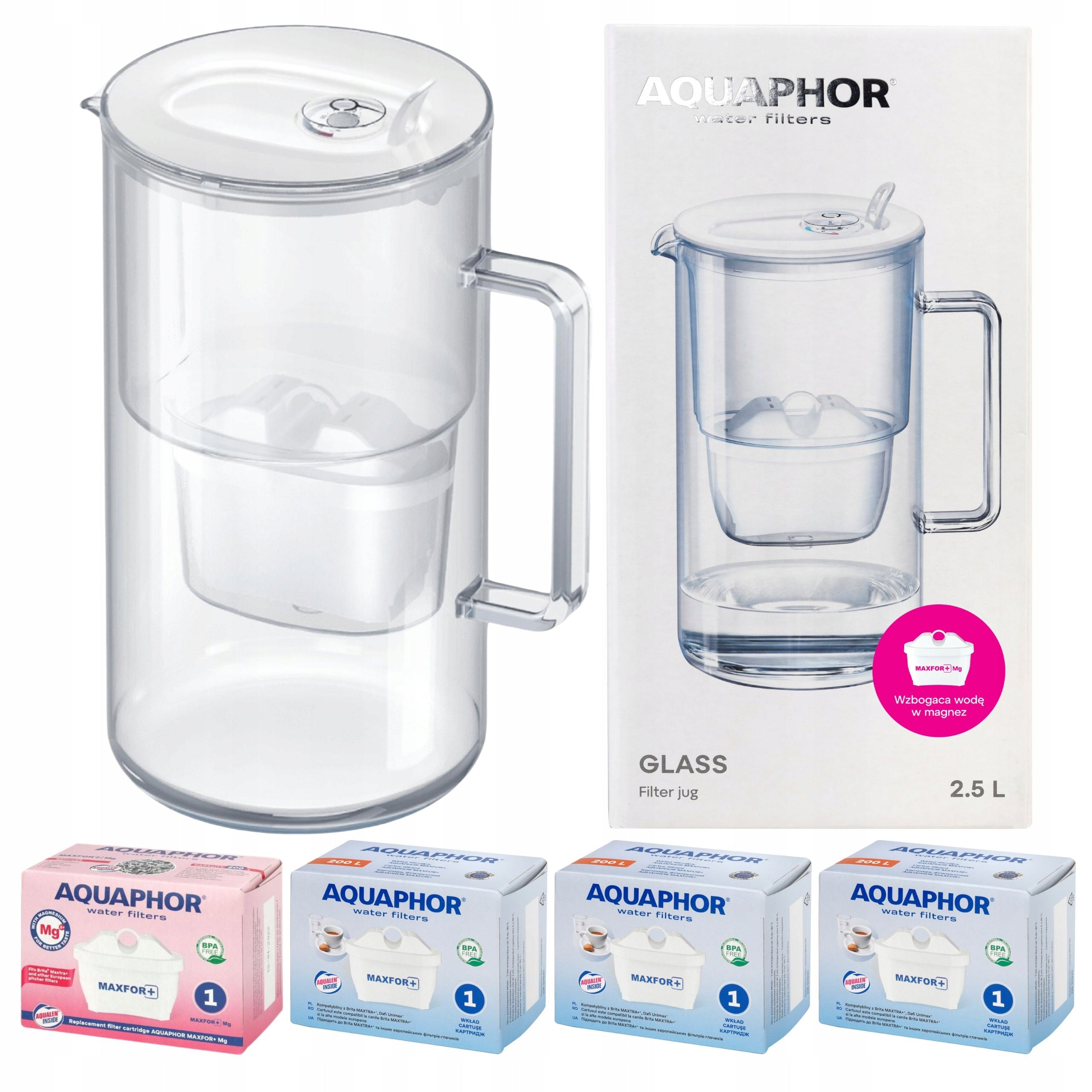 Glass filter jug Aquaphor Glass white + 4 filters Maxfor (1Mg + 3)