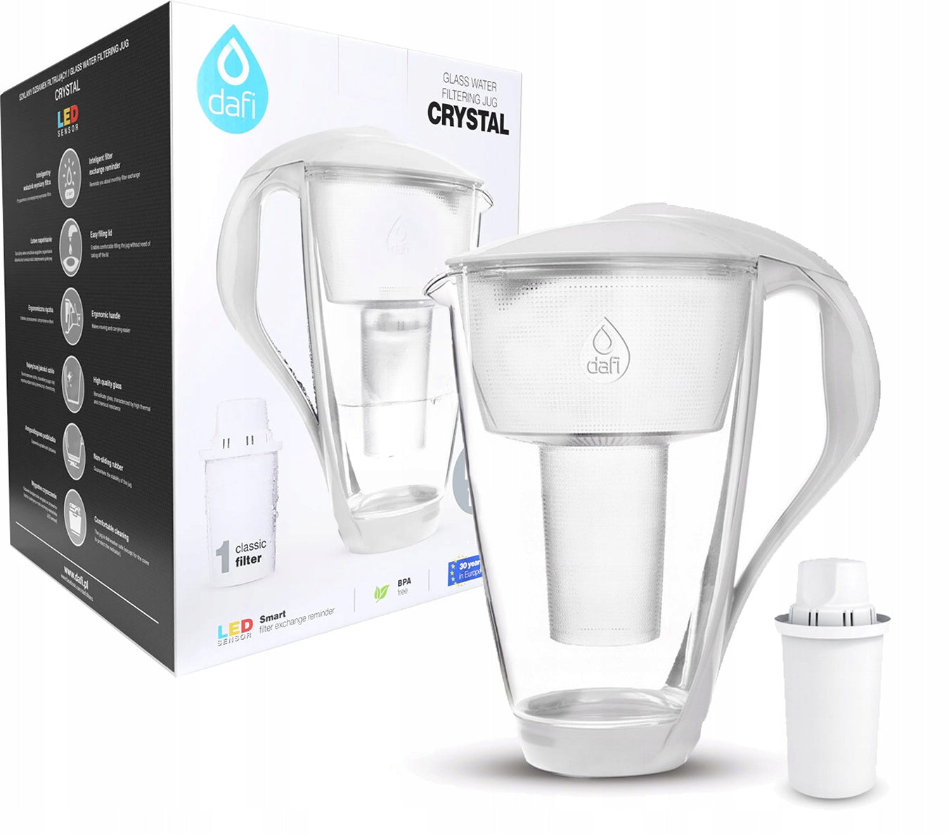 Glass filter jug Dafi Crystal 2l with LED counter + 6x Cartridge Manufacturer code ZESTAW.SZKLANY.LED.CL+6W.BIA.P