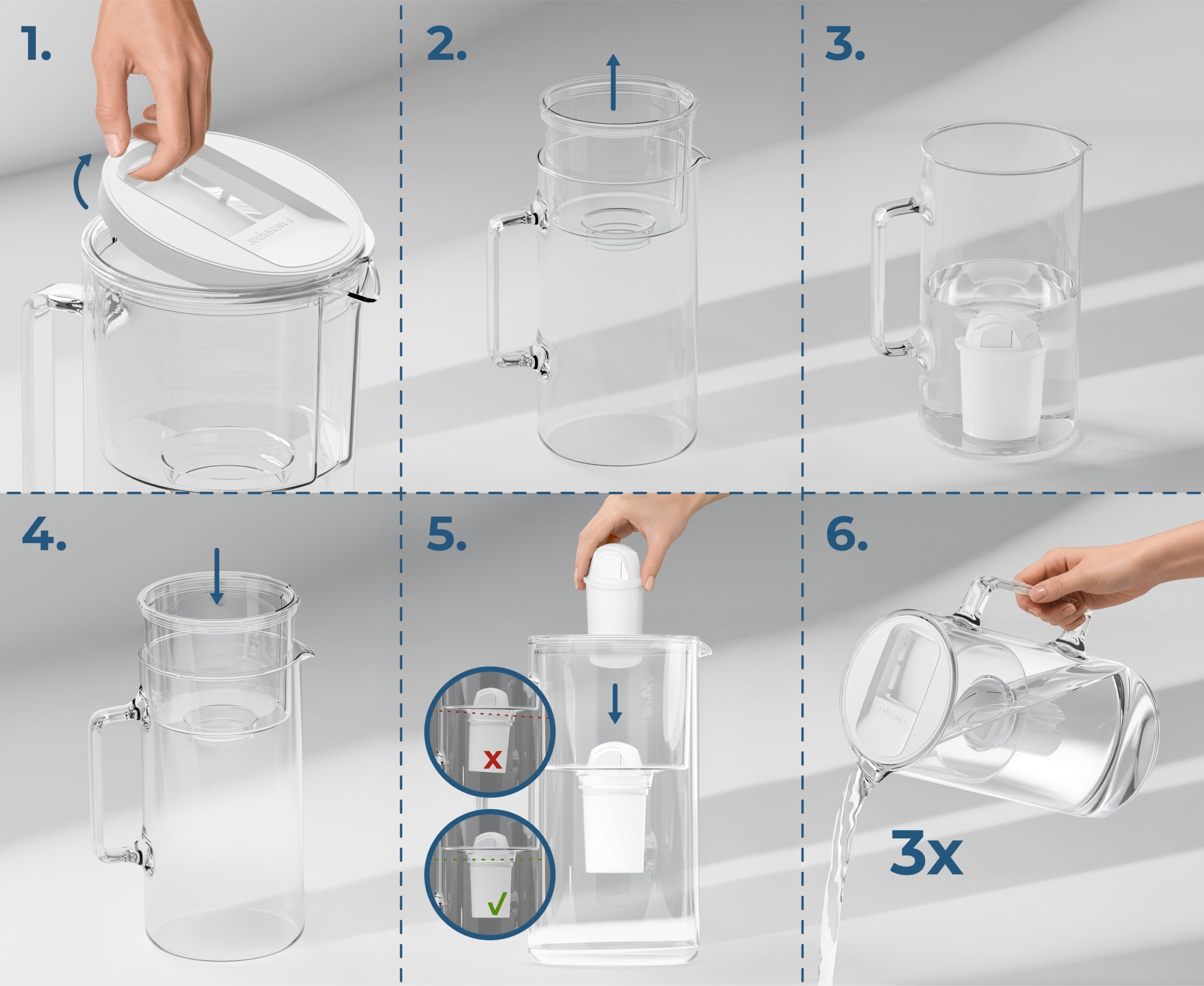 Glass filter jug Wessper 3l White + 5x Aquaclassic filter Model D2 Borosilicate
