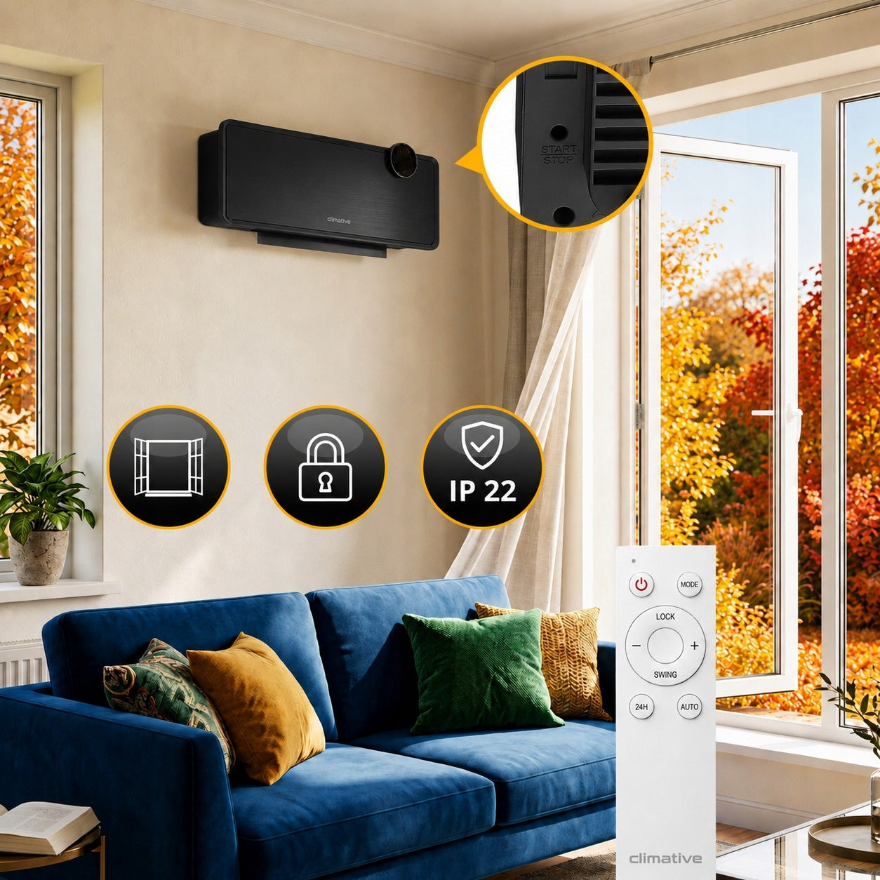GlassAir Air Curtain 2000W Electric Heater WiFi Farelka Manufacturer code Ścienny grzejnik elektryczny energooszczędny