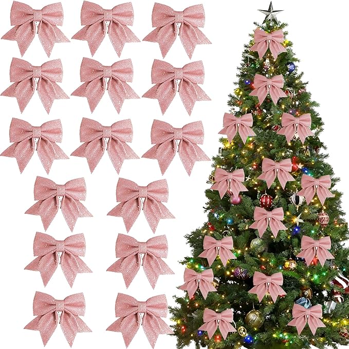 Glitter large bows for Christmas tree 15 pcs pink