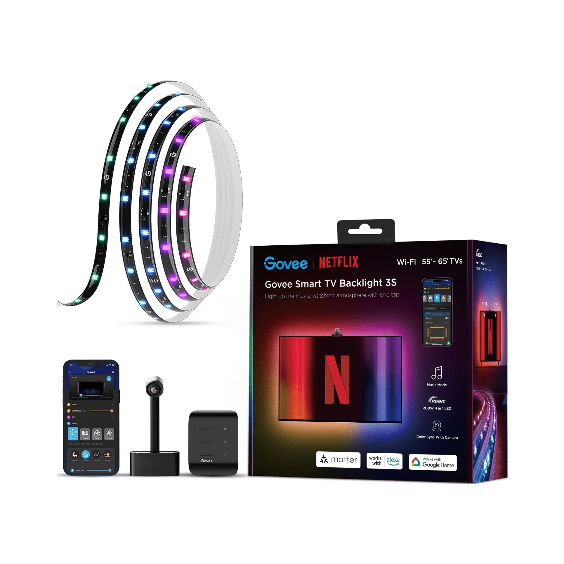 Govee Backlight 3S Netflix TV 55-65 inch, Smart LED RGBICW TV Backlights
