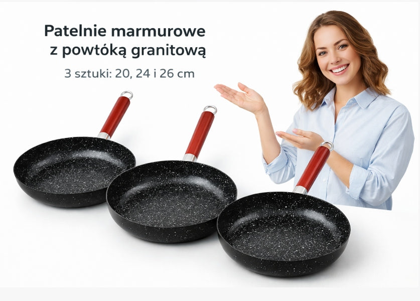 Granite Pan Set 3 Pcs 20 24 26cm Nonstick Induction