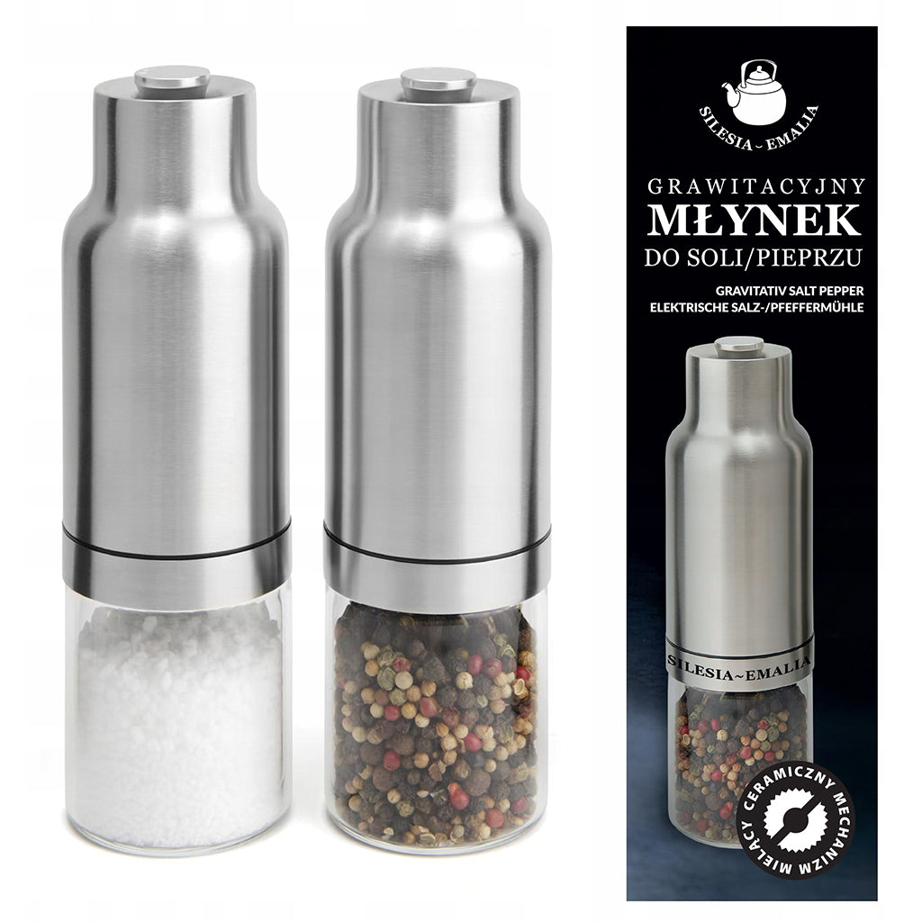 Gravity Salt Pepper Grinder Ceramic Electric Silver 2 Pcs