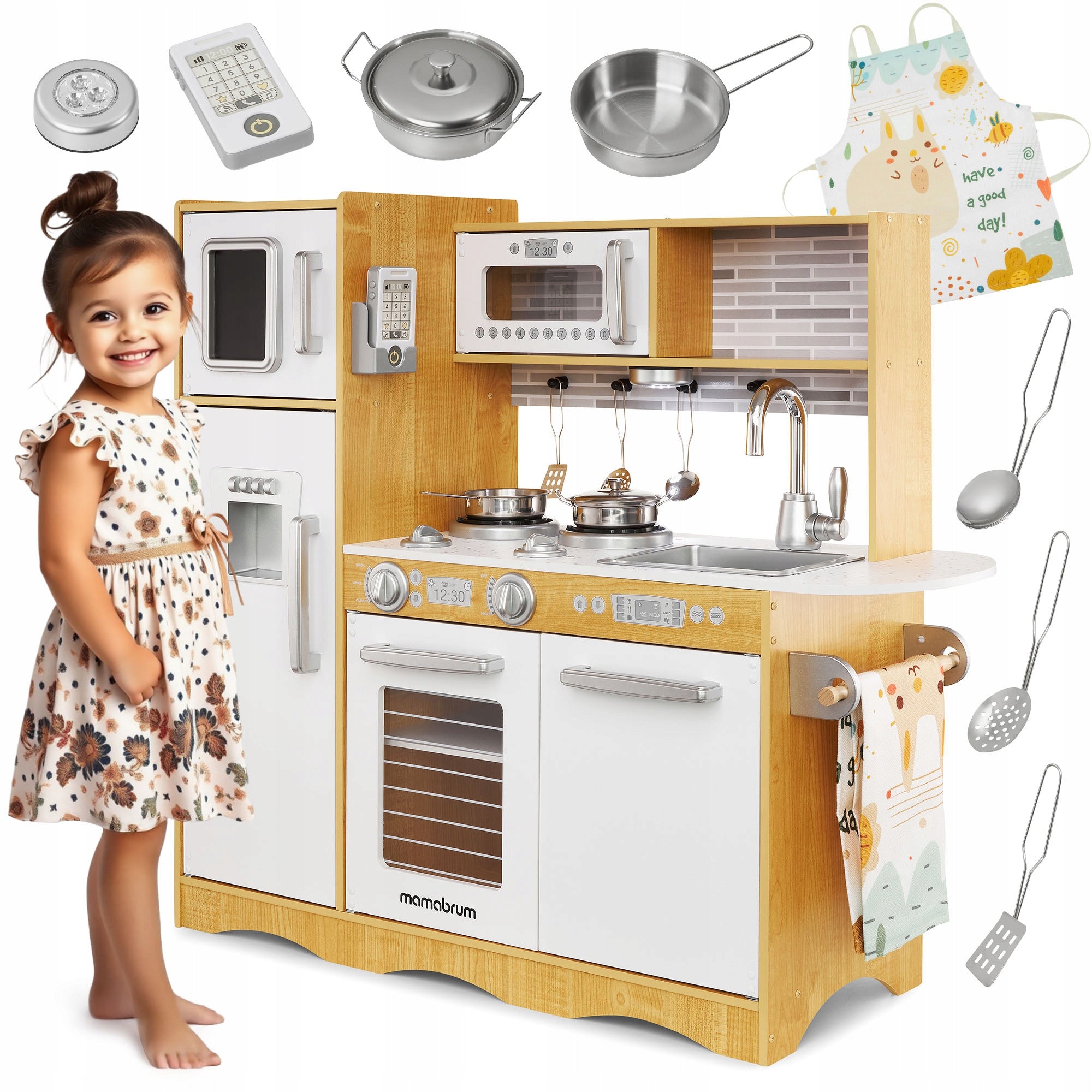 Great Wooden Kitchen for Kids Apron Set Accessories LED Lights