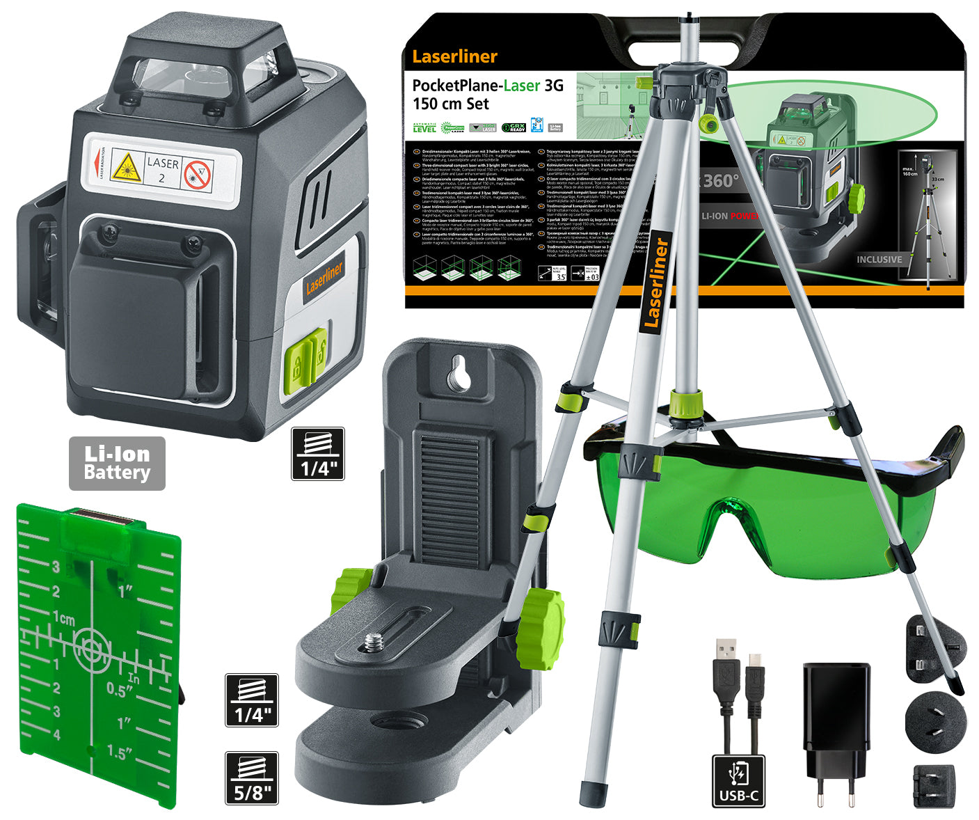 Green cross laser with tripod and suitcase. Laserliner PocketPlane 4years