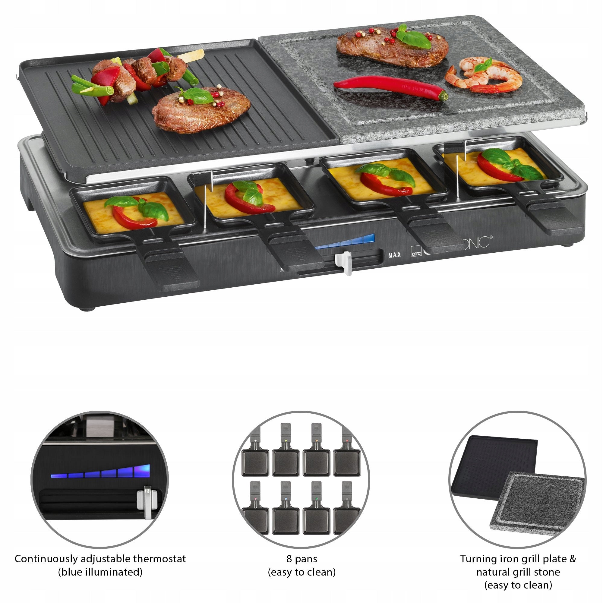 Grill Raclette Clatronic RG1400W Grill Stone 8 Griddles Power 1400 W