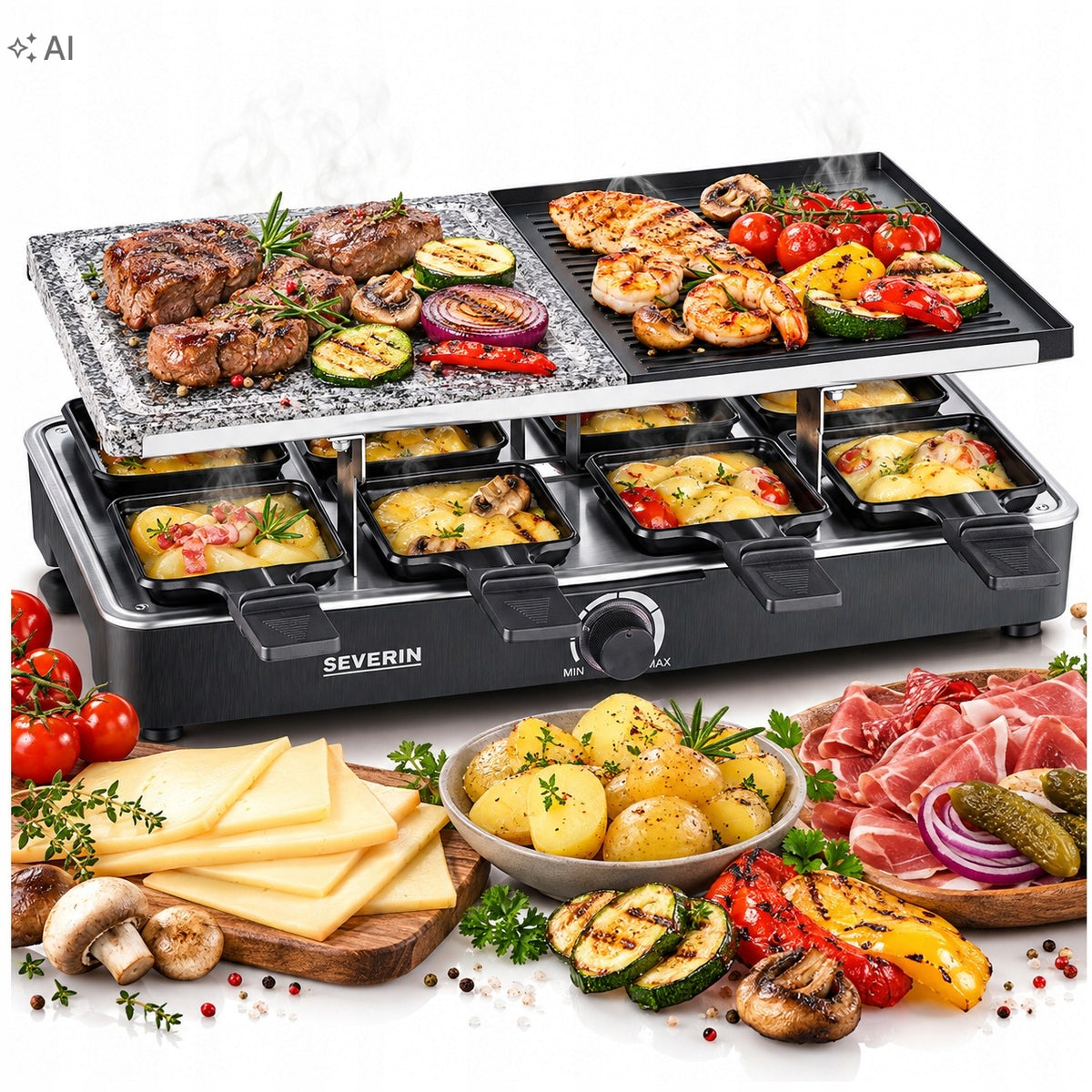 Grill Raclette SEVERIN RG 2371 1300W Stone Grill Plate 8 Griddles