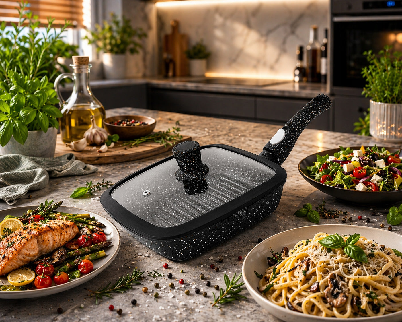 Grill pan INDUCTION WITH COVER 28 cm granite MODERN Packaging status original