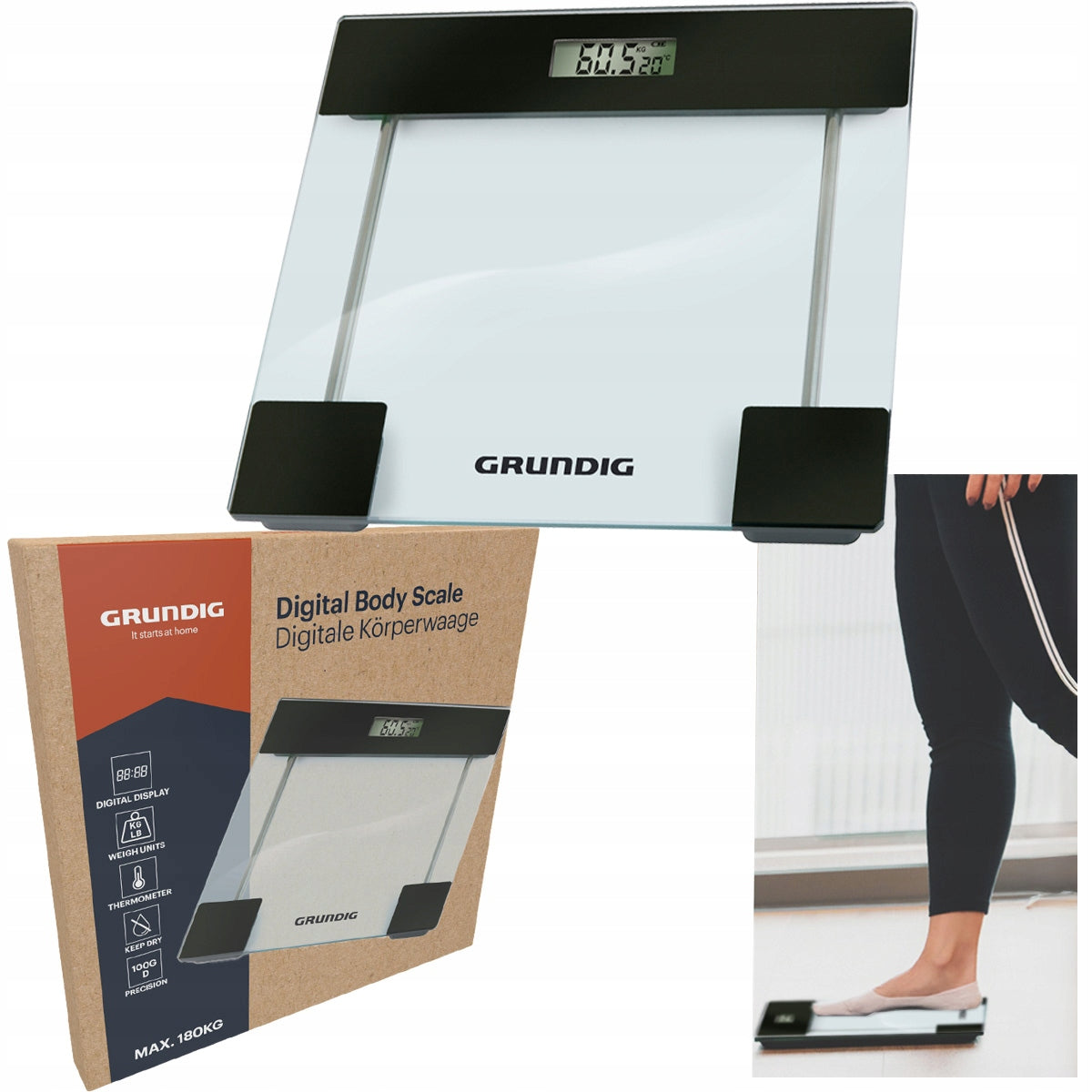 Grundig BATHROOM SCALE Electronic up to 180kg with thermometer display