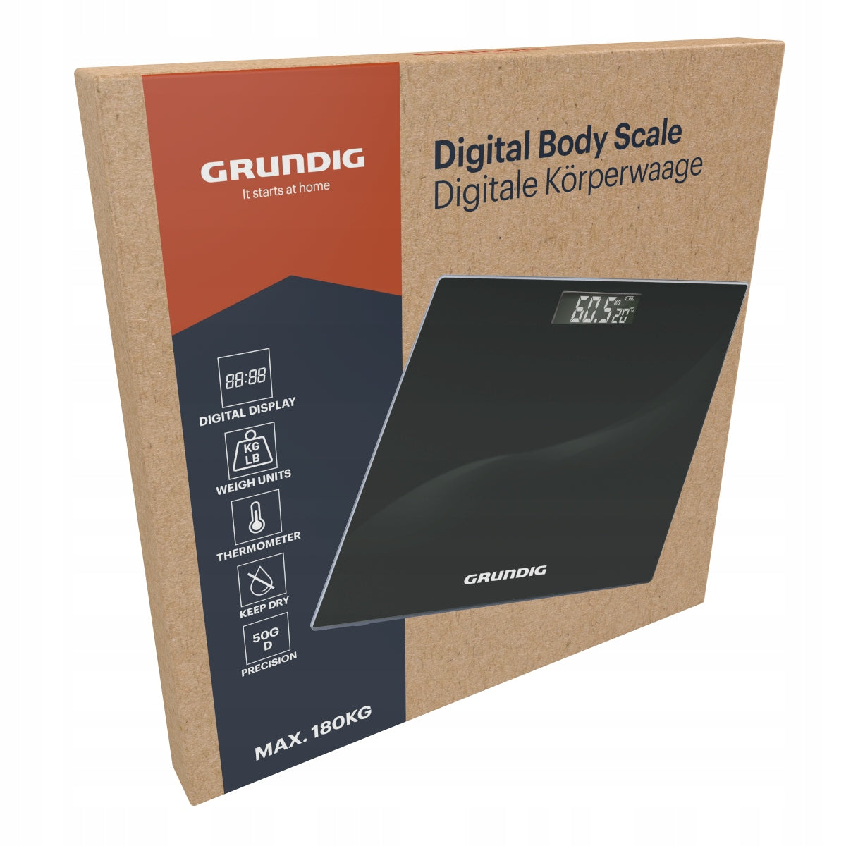 Grundig BATHROOM SCALE with LCD display and thermometer up to 180 kg black Manufacturer code waga łazienkowa LCD czarna + 2 baterie AAA
