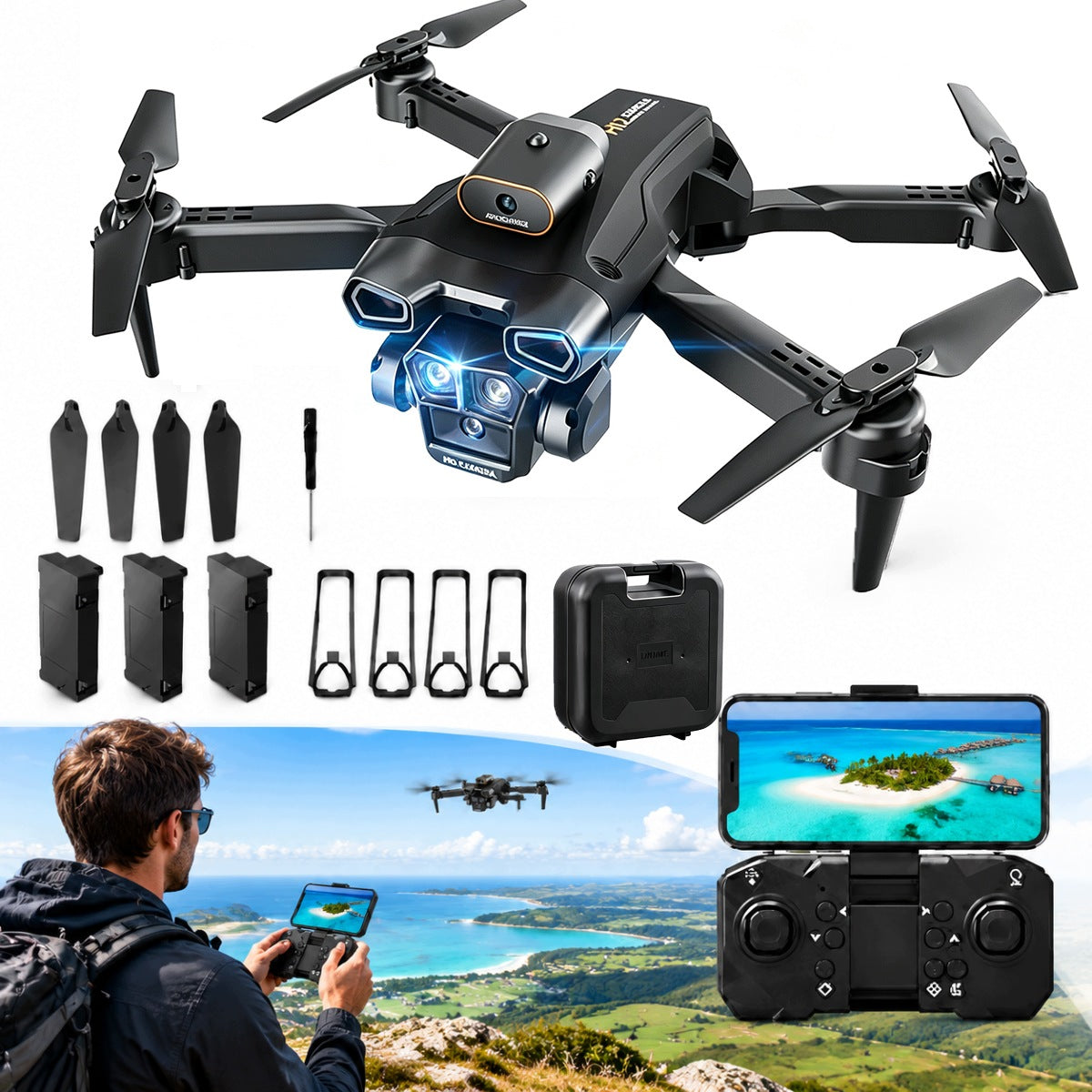 H12 DRONE WITH ADULT CAMERA WITH 3 cameras 4K WiFi ADJUSTABLE 45° LENS