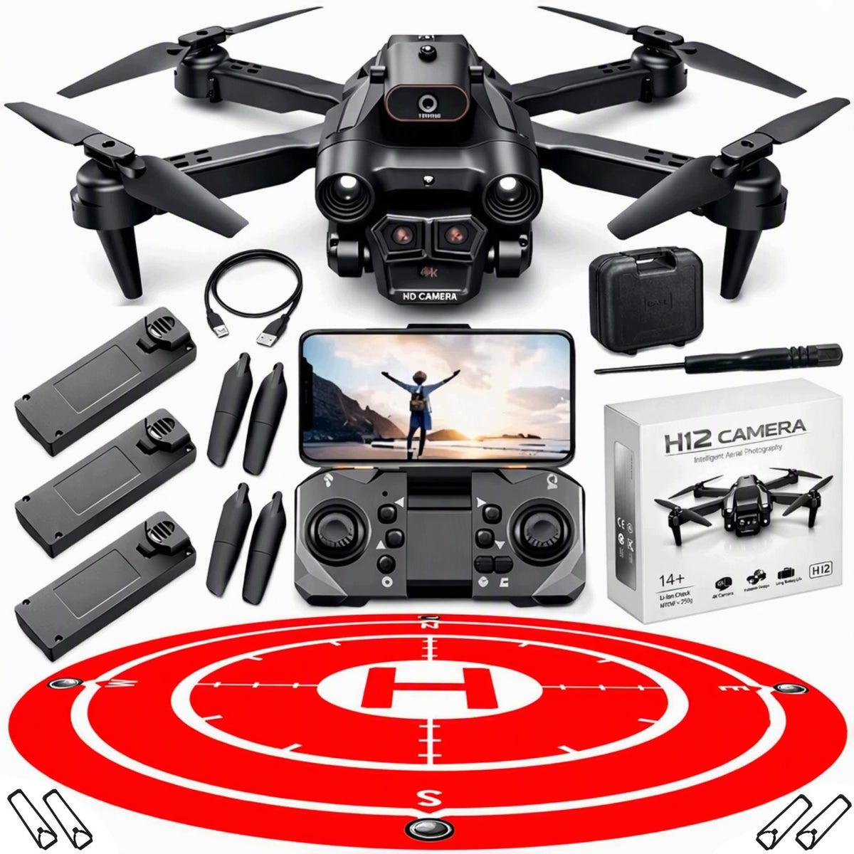 H12 MAX Drone with Camera - Obstacle Avoidance - Kids Toy 3 Batteries