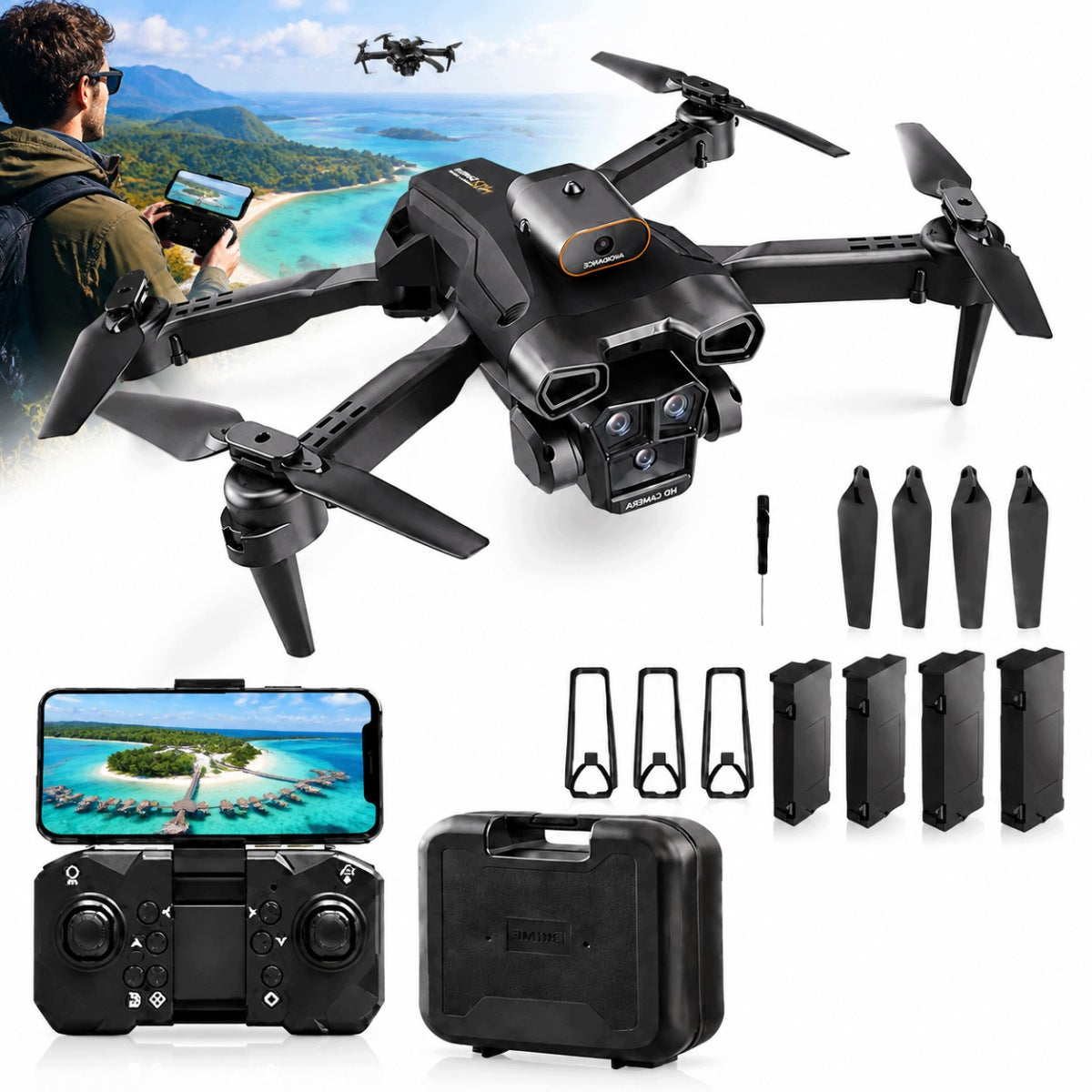 H12 drone with camera 3 cameras 4K WiFi automatic obstacle avoidance 3batteries