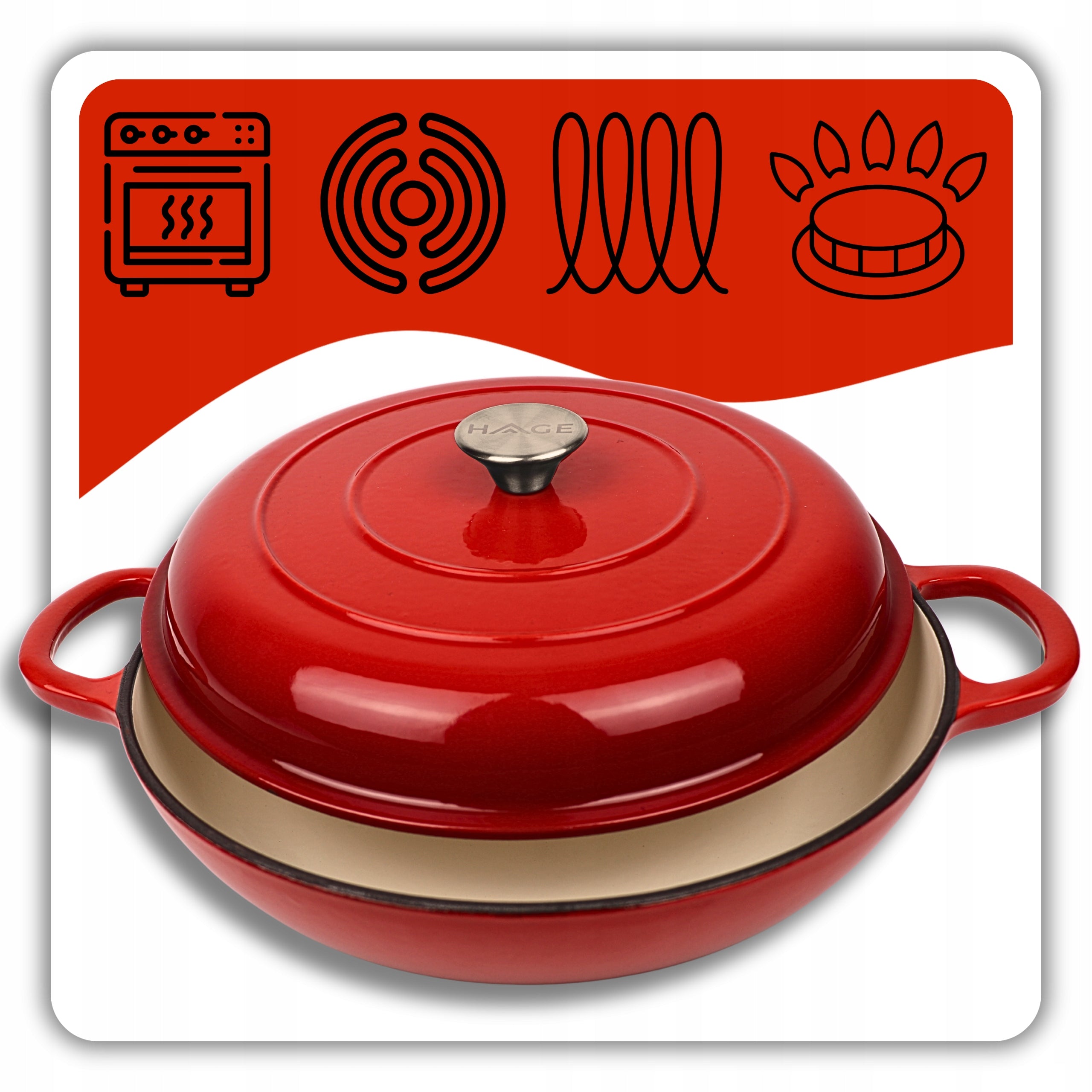 HAGE Low pot cast iron enamel 3 l +pok 30 cm red induction oven Brand HAGE