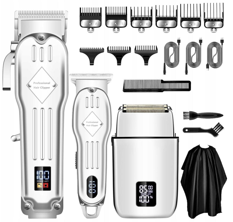 HAIR CLIPPER SET:3-IN-1 (CLIPPER/SCRAPER/SHAVER), PRECISION CUT, LCD SILVER