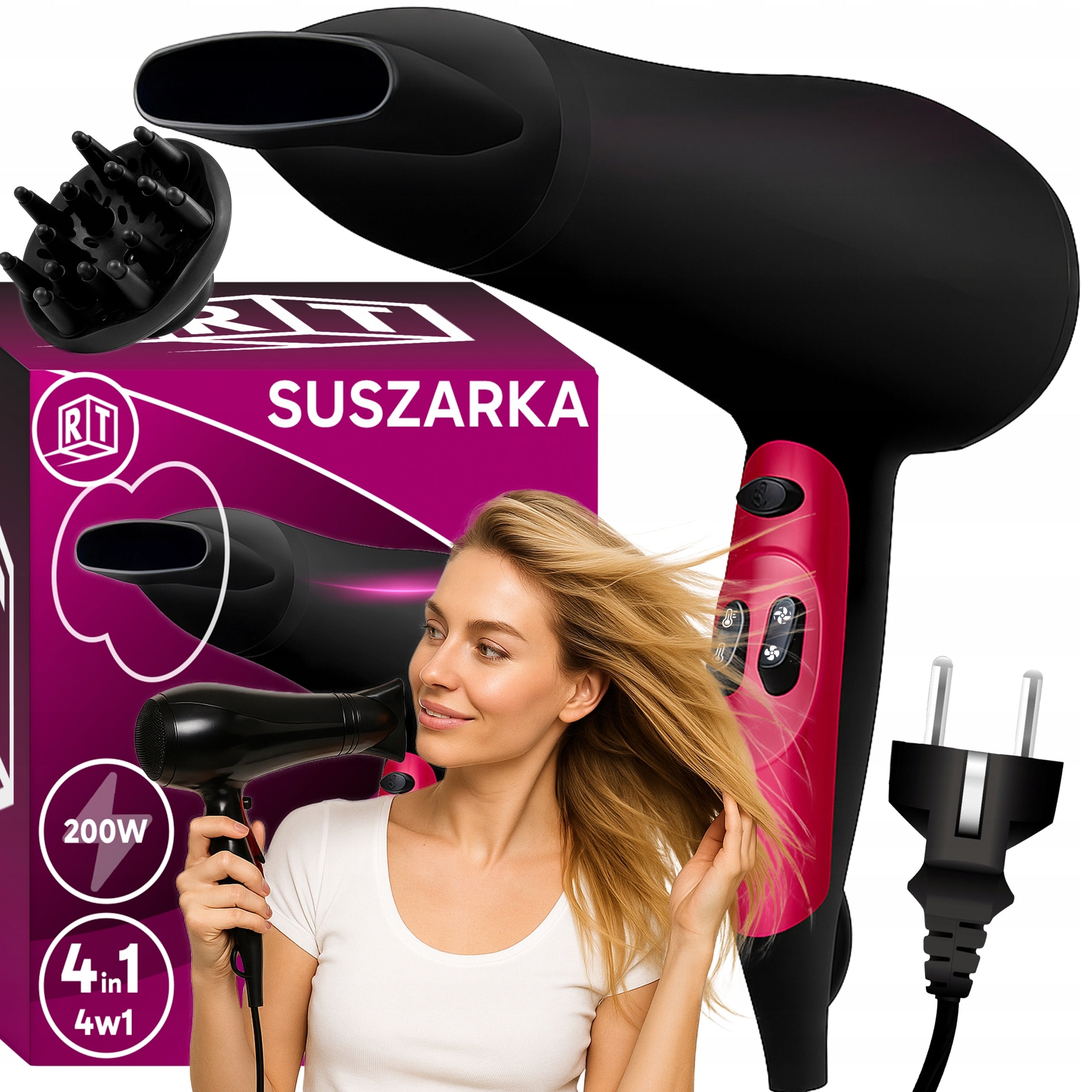 HAIR DRYER 4in1 2000W STRONG 3 SPEED DIFFUSER CONCENTRATOR BLOWING