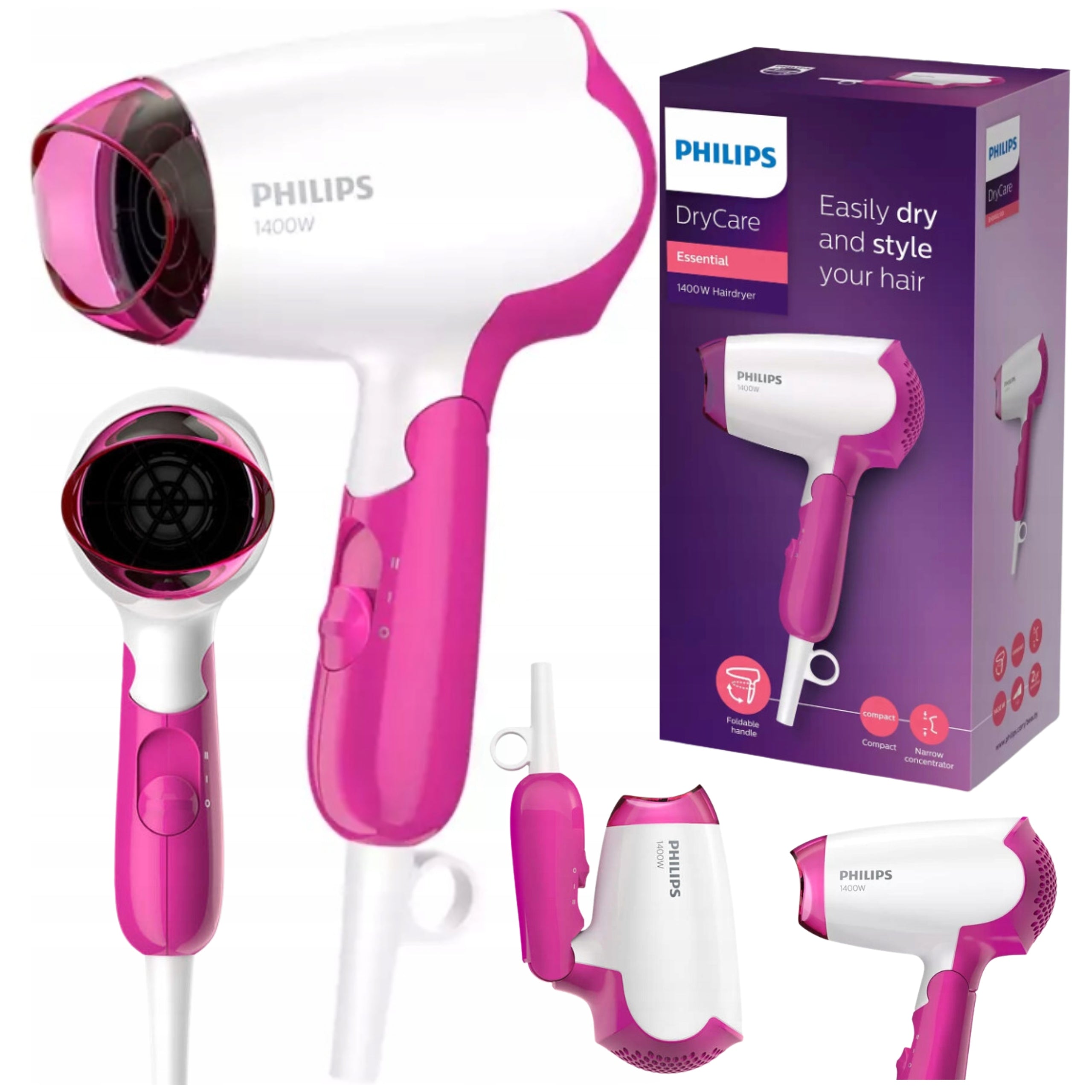 HAIR DRYER PHILIPS SMALL COMPACT FOLDABLE TRAVEL WITH CAP