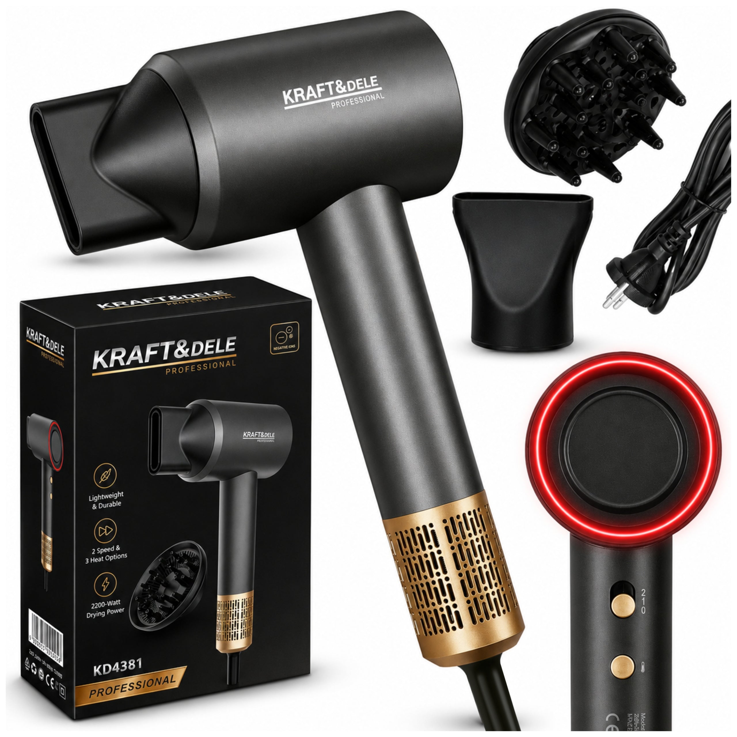HAIR DRYER WITH DIFFUSER COLD AIR 2200W LED AIR ADJUSTMENT
