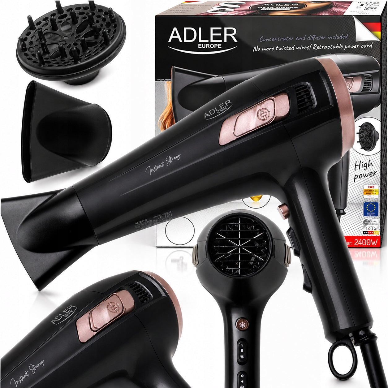 HAIR DRYER WITH DIFFUSER IONIZATION STRONG AIRFLOW ADJUSTMENT COLD MODE