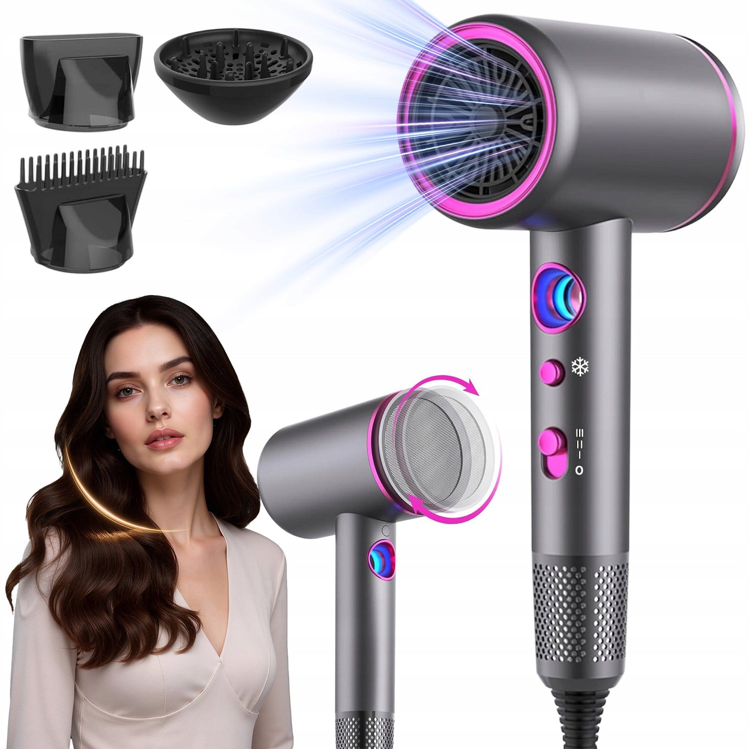 HAIR DRYER WITH IONIZATION FAST DRYING QUIET LED LIGHTING 2400W