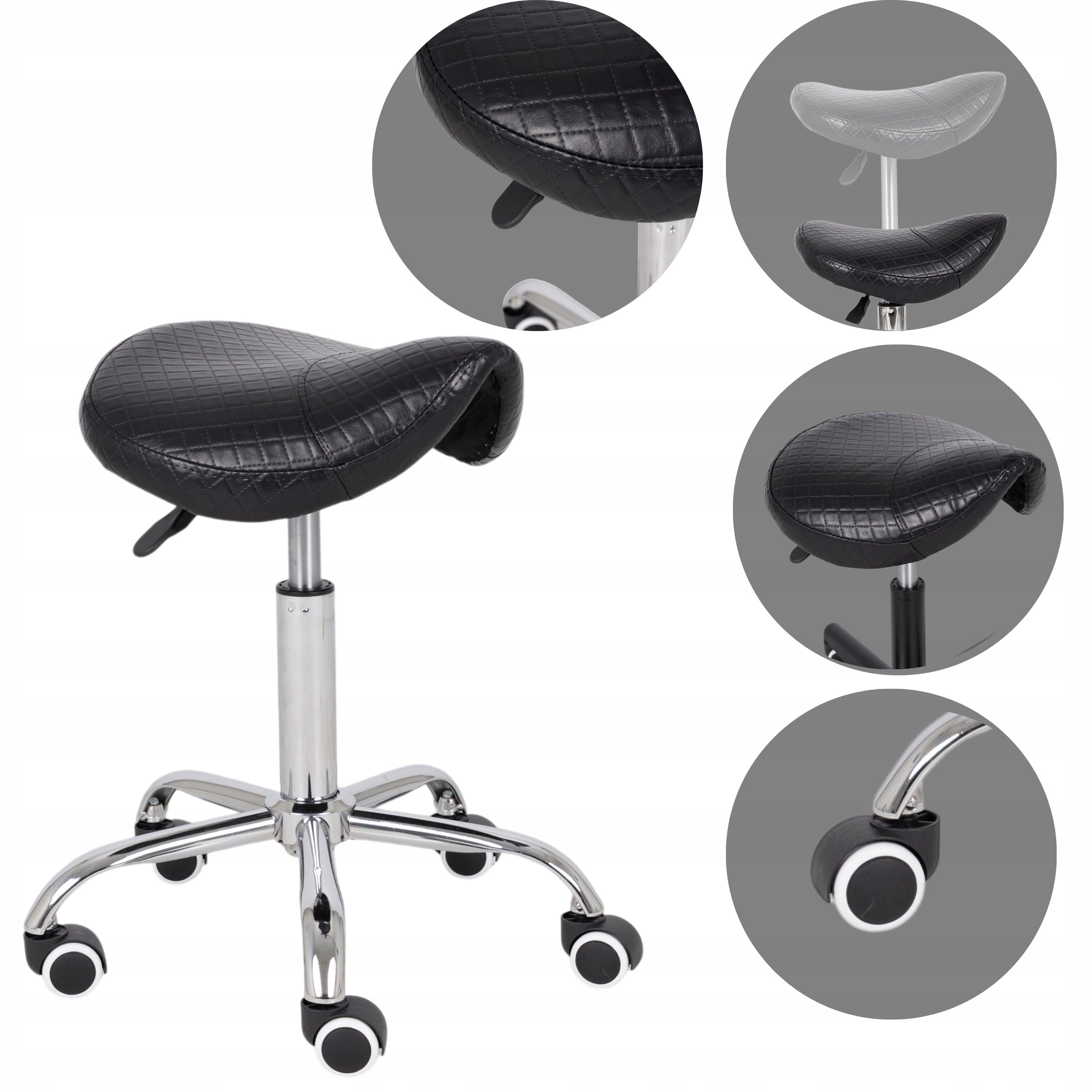 HAIRDRESSER COSMETIC STOOL BLACK QUILTED ON WHEELS SWIVEL SADDLE