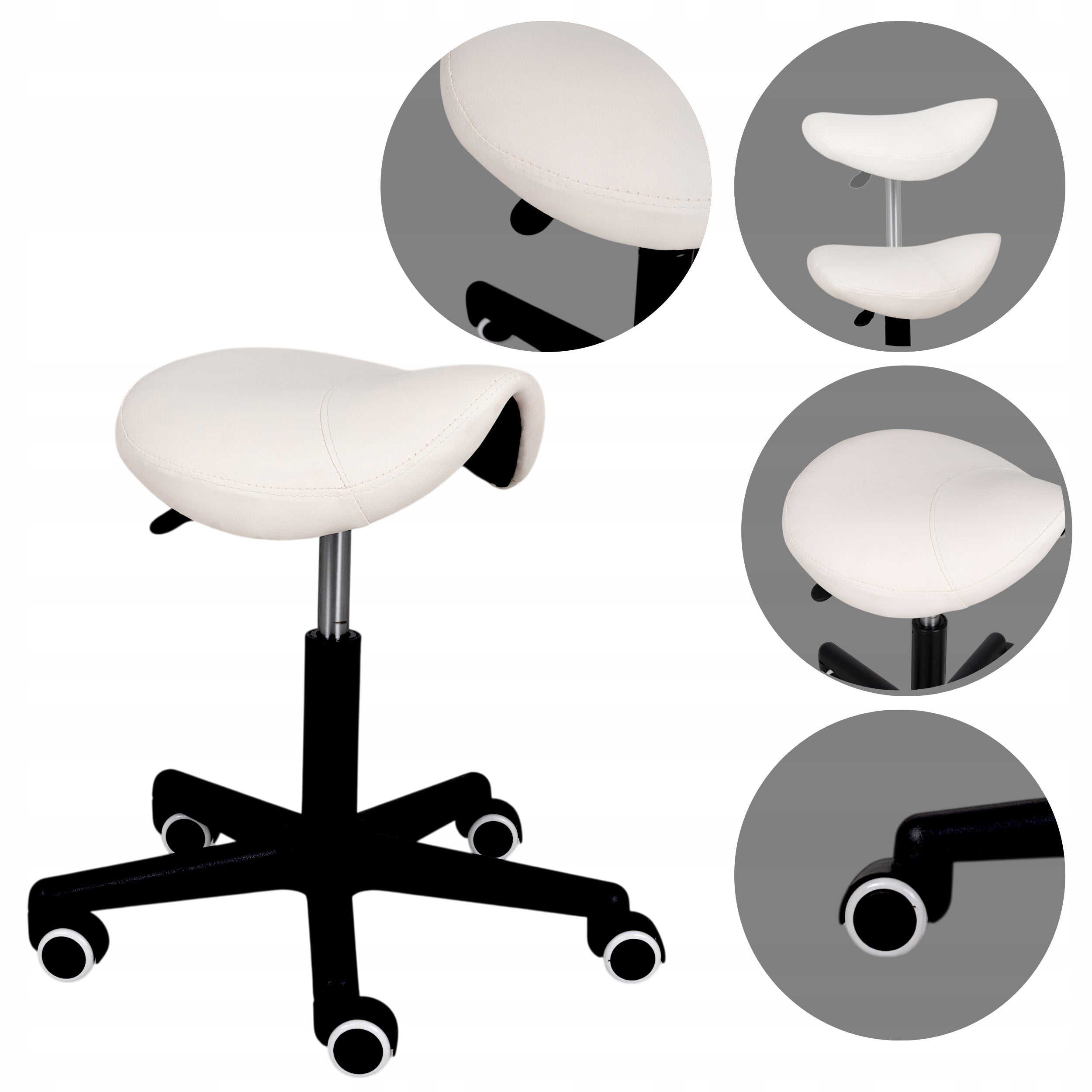 HAIRDRESSER COSMETIC STOOL WHITE ON WHEELS SADDLE SWIVEL STOOL
