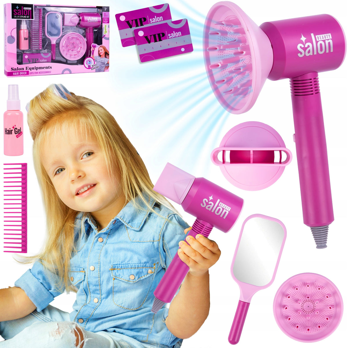 HAIRDRESSER SET FOR CHILDREN BATTERY-OPERATED DRYER BLOWS MIRROR ACCESSORIES