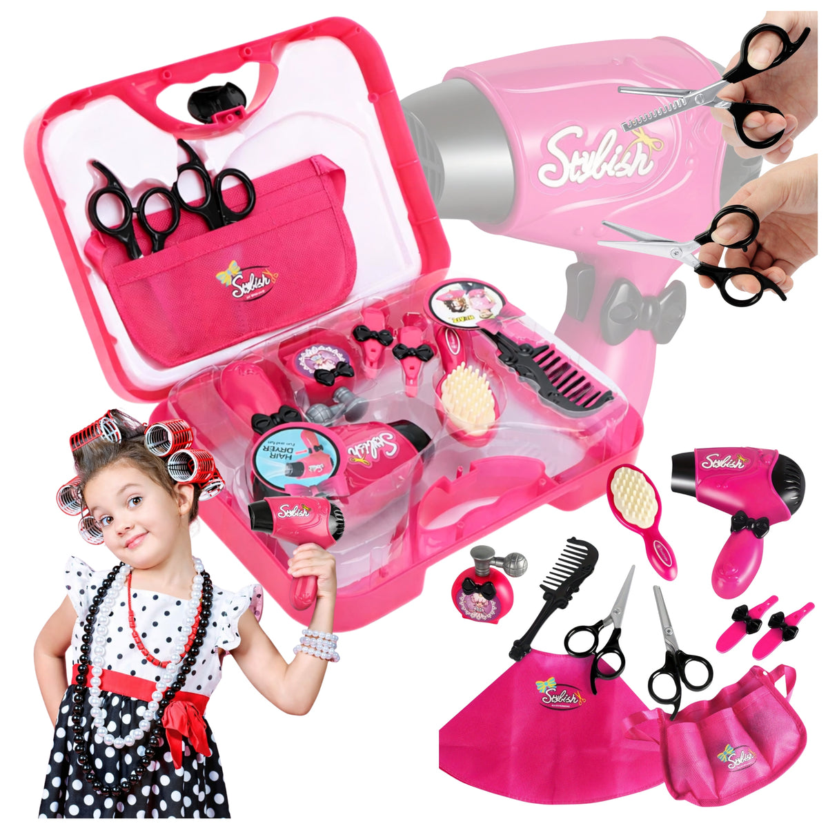 HAIRDRESSER SET FOR CHILDREN BEAUTY SALON BATTERY-OPERATED DRYER IN SUITCASE