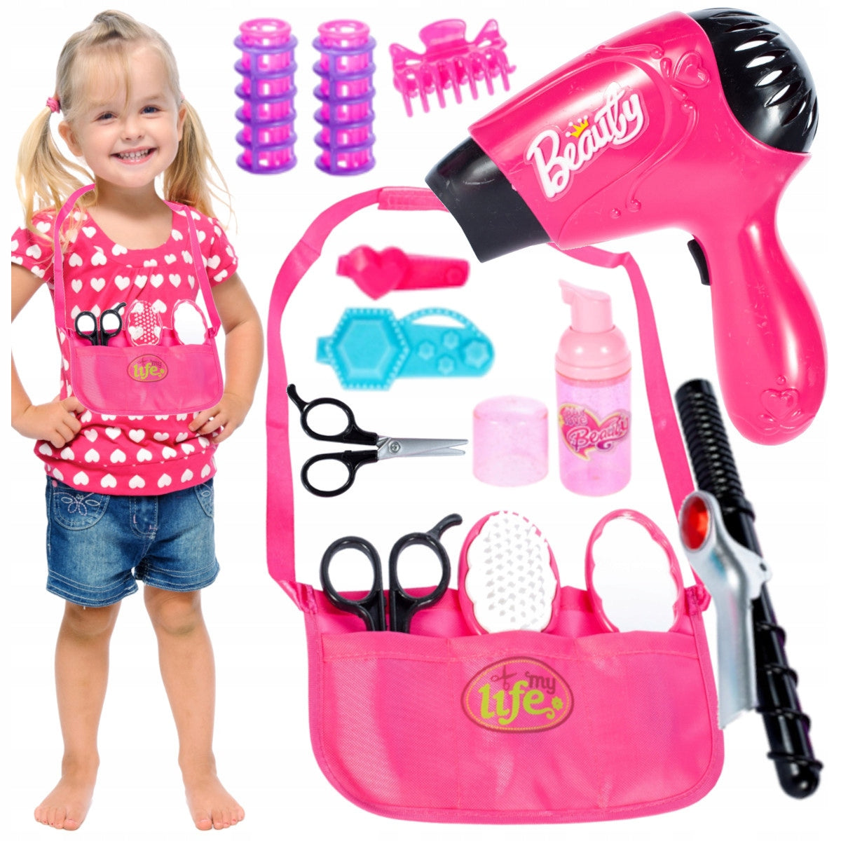 HAIRDRESSER SET FOR CHILDREN LARGE BATTERY-OPERATED DRYER BAG + ACCESSORIES Packaging status original