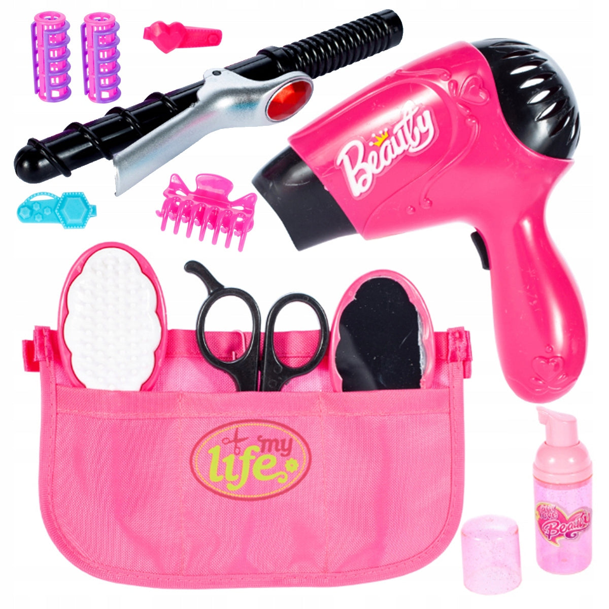 HAIRDRESSER SET FOR CHILDREN LARGE BATTERY-OPERATED DRYER BAG + ACCESSORIES