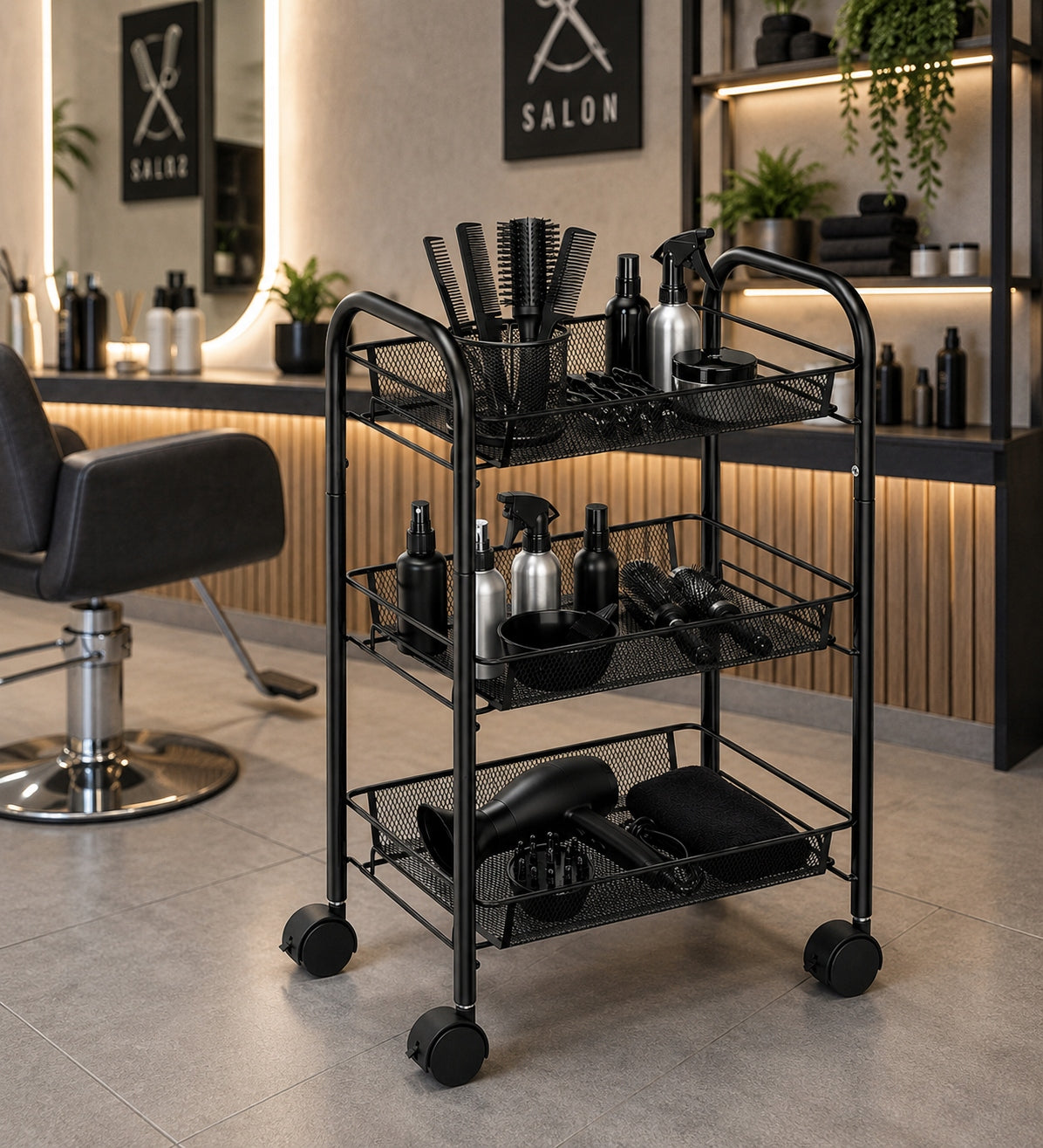HAIRDRESSER TROLLEY COSMETIC HELPER ON WHEELS BLACK METAL 3 SHELVES Packaging status original
