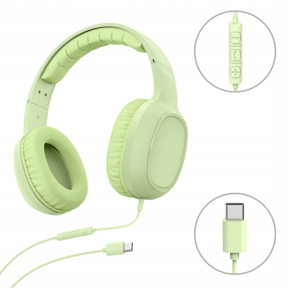 HAMA ON-EAR HEADPHONES FUN USB C WIRED ON CABLE WITH MICROPHONE GREEN